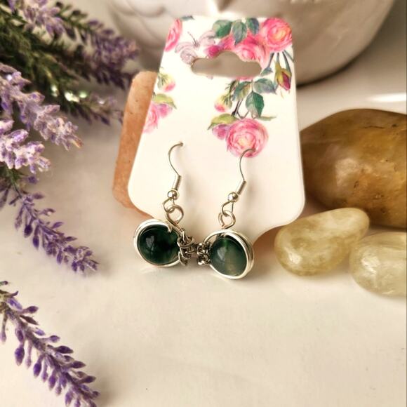 Green Natural Jade Stone Earrings, Silver Plated Wire Wrapped Earrings - Picture 11 of 12